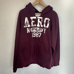 Aeropostale Hoodie Sweatshirt Burgundy Retro Y2K Graphic Distressed Neck Men XL